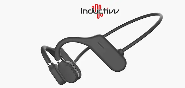 Inductivv bone conduction headphones, showcasing their ergonomic and open-ear design